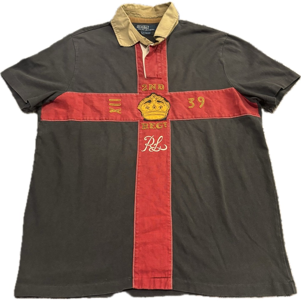 Polo Ralph Lauren Mens Gray Red 2nd Regt Crown Rugby Shirt Custom Fit Large